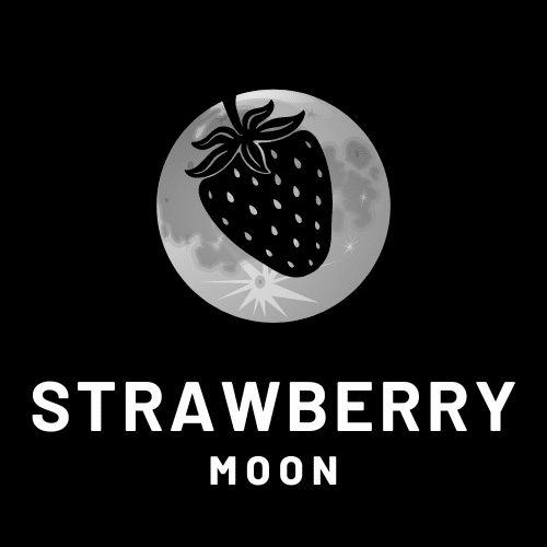 Pagan Strawberry Full Moon with a Strawberry silhouette in the middle of the moon