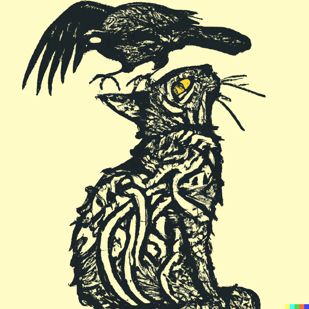 Scratchboard Art Image of Cat with a crow on it's head. Apprentice Witch