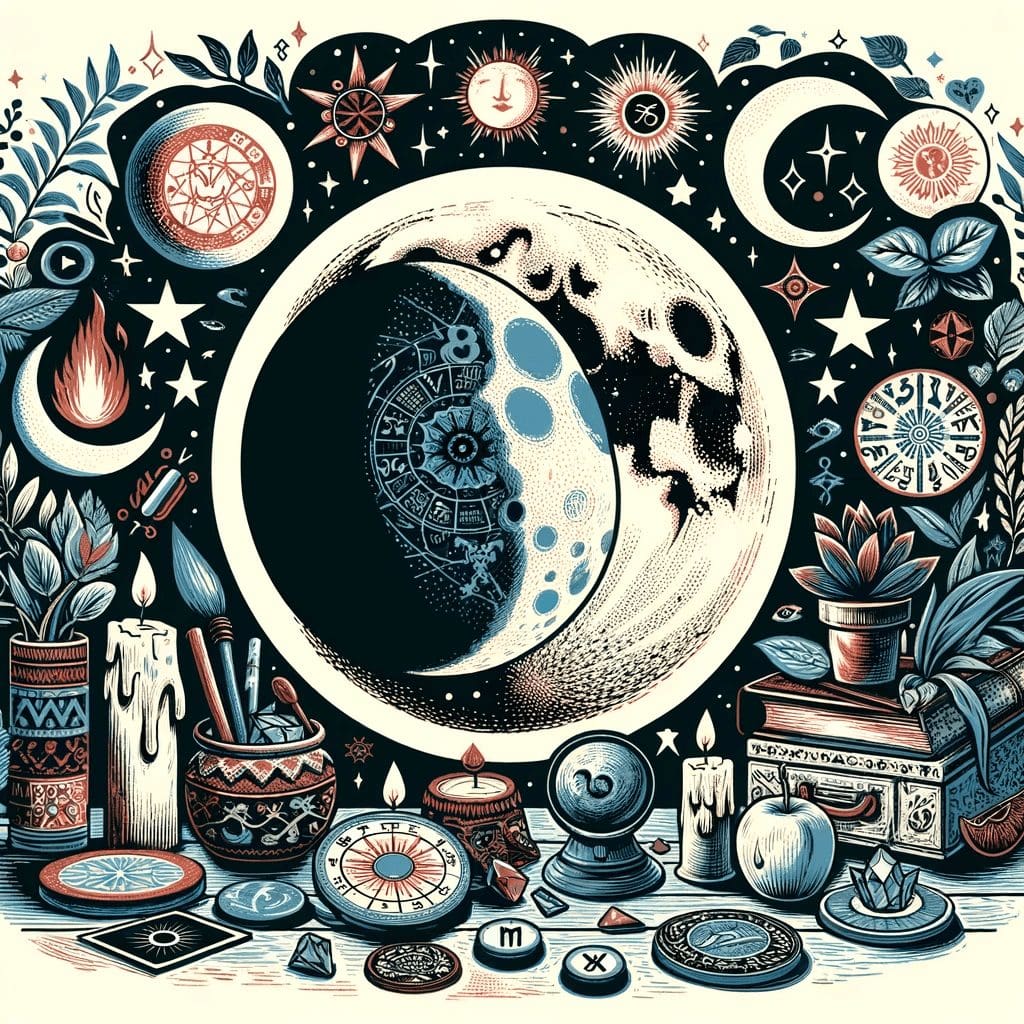 linocut style: features symbolic elements associated with witchcraft and the lunar cycle