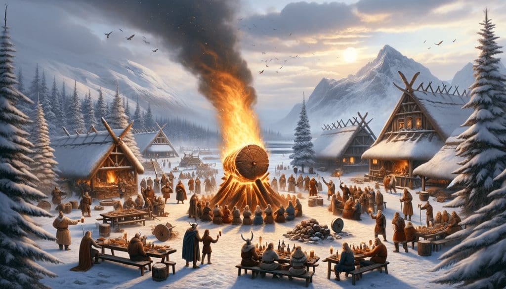 Viking Yule Celebration around large outdoor fire.