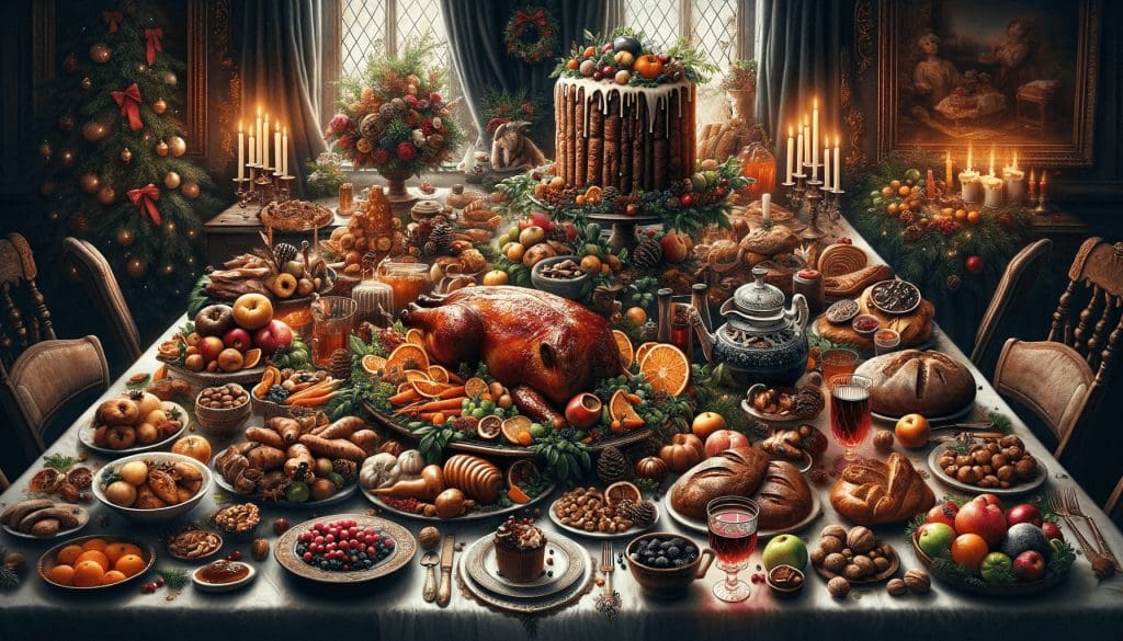 Lavish Yule feast table with roasted meats, mulled wine, Yule log cake, and festive treats.