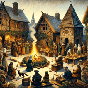 Medieval village scene blending Yule and Christian traditions, with villagers, a Yule log, and a church.