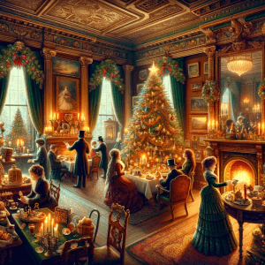 Victorian parlor decorated for Christmas, blending Yule traditions with 19th-century elegance.