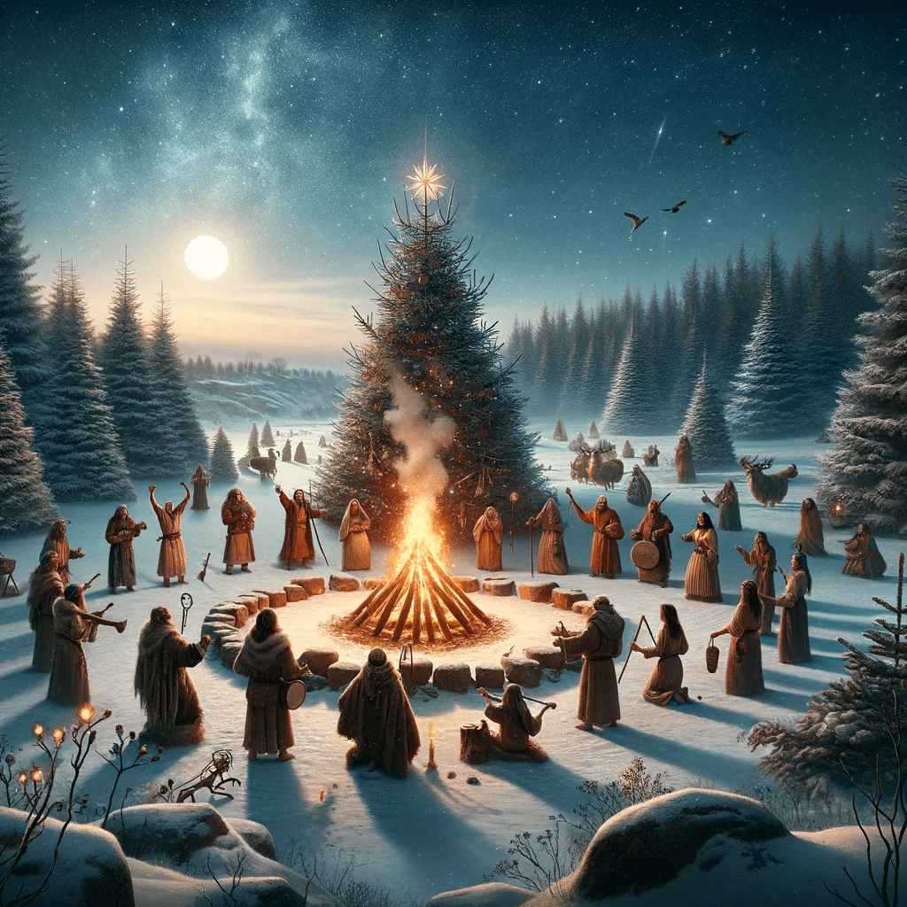 ancient, festive scene with a group of people celebrating around a brightly burning Yule log in a snowy, starlit forest setting