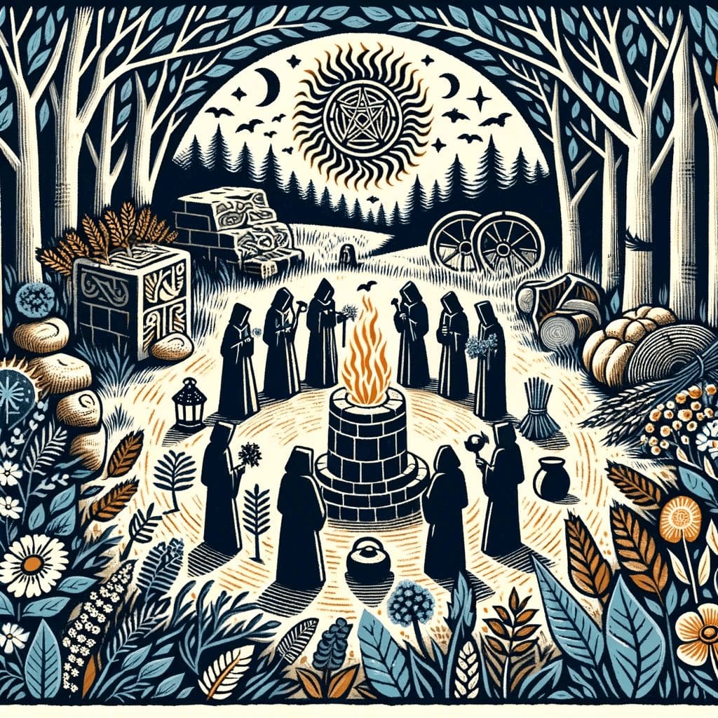 Block print style image of Druids celebrating ancient and modern rituals