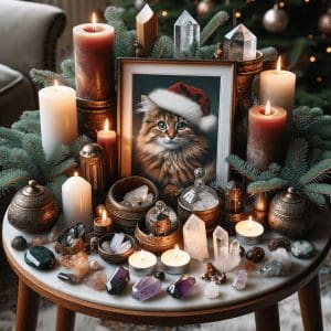 modern Yule Wiccan side table as altar, featuring crystals, evergreens, candles, and a whimsical photo of a cat wearing a Santa hat