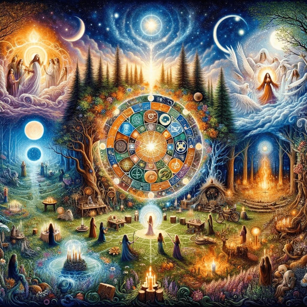 Magical pagan landscape with nature reverence, deities, Wheel of the Year, and ritual circle.