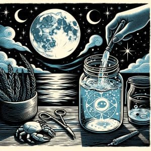 Moon water being filled on a table by the sea. blockprint style image