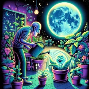 Man watering plants with moon water with a full moon in the background.