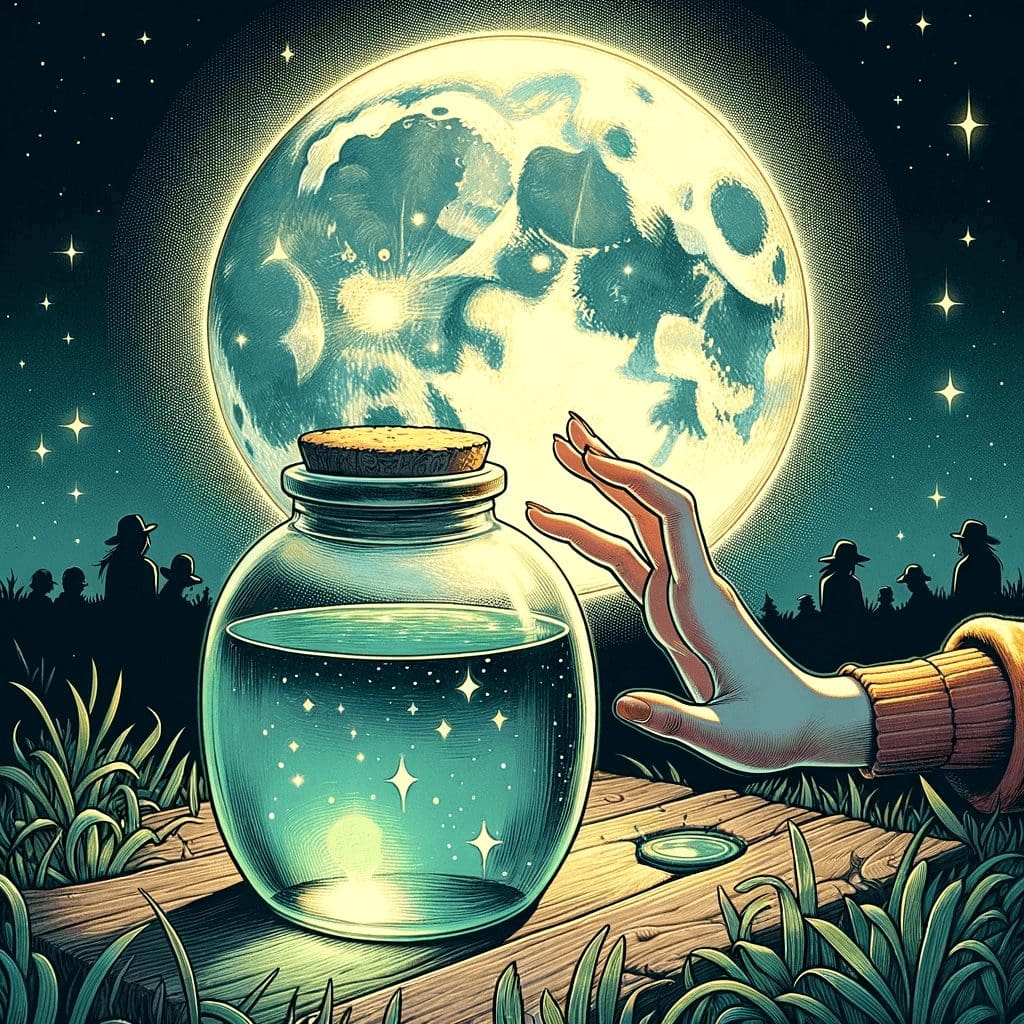 glass jar of moon water on a box in grassy area in front of a full moon. there is a hand reaching for the moon water.