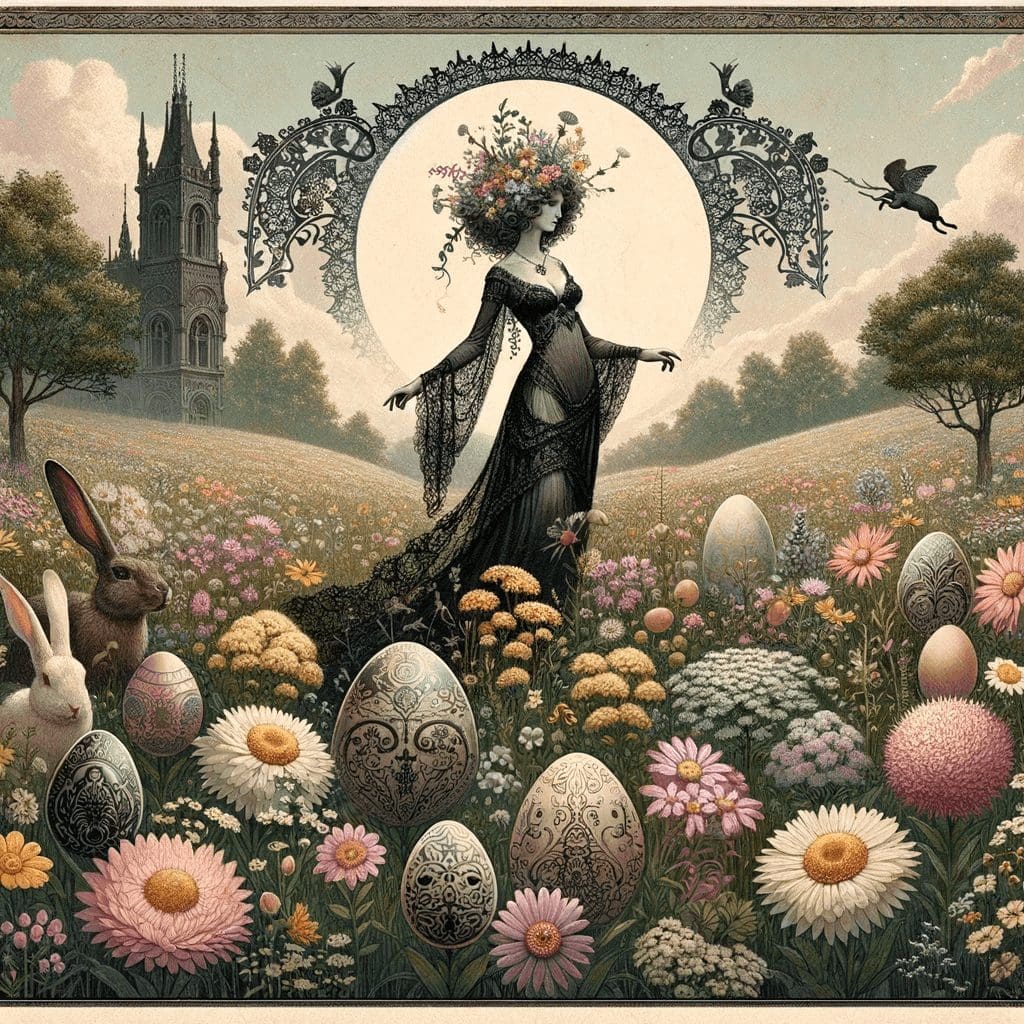 Gothic Ostara in field of eggs and flowers