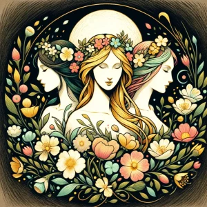 The scratchboard style art piece with subtle color accents, representing the goddesses Flora, Aine, and Brigid in connection with the festival of Beltane
