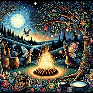 The scratchboard style art piece with thick black lines and vibrant color accents is now ready, bringing the magical essence of Beltane and its connection with the faeries vividly to life.
