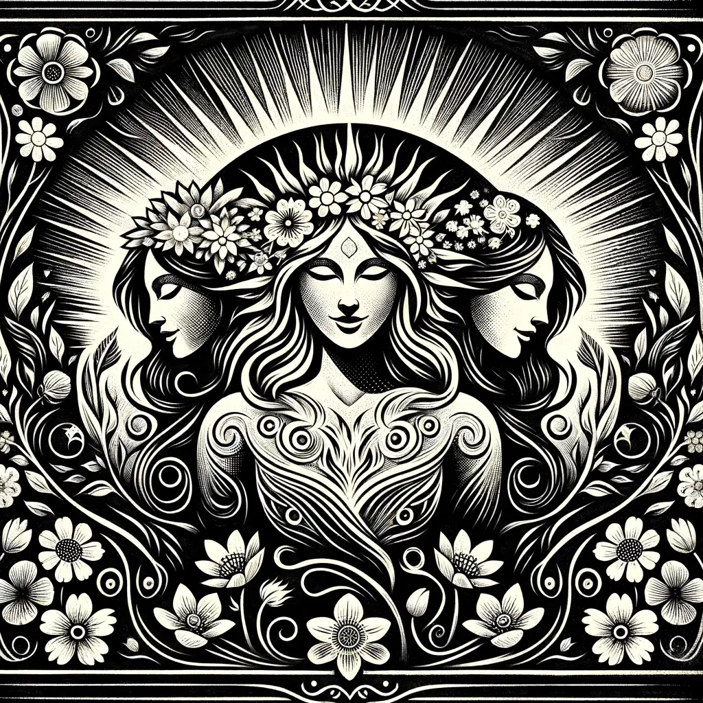 some divine goddesses of the moon. linocut style low detail.