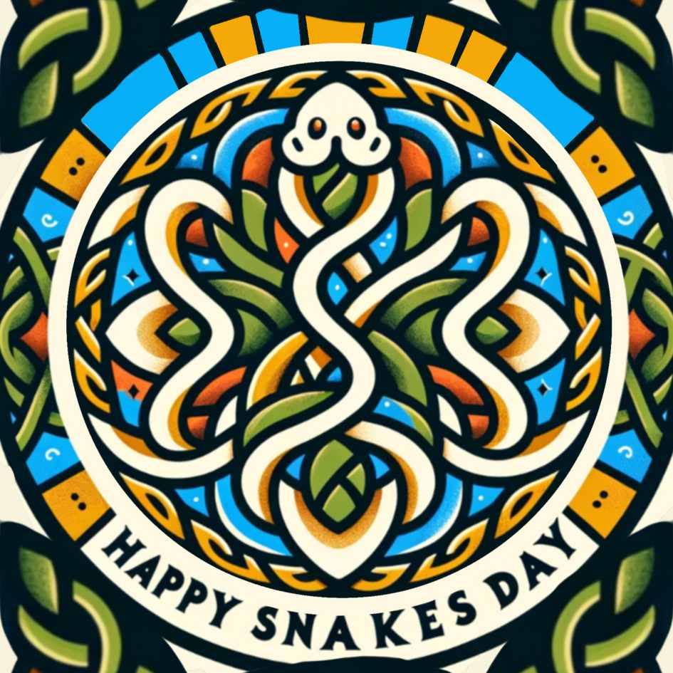 a snake wrapped celtic style symbols that says happy snakes day