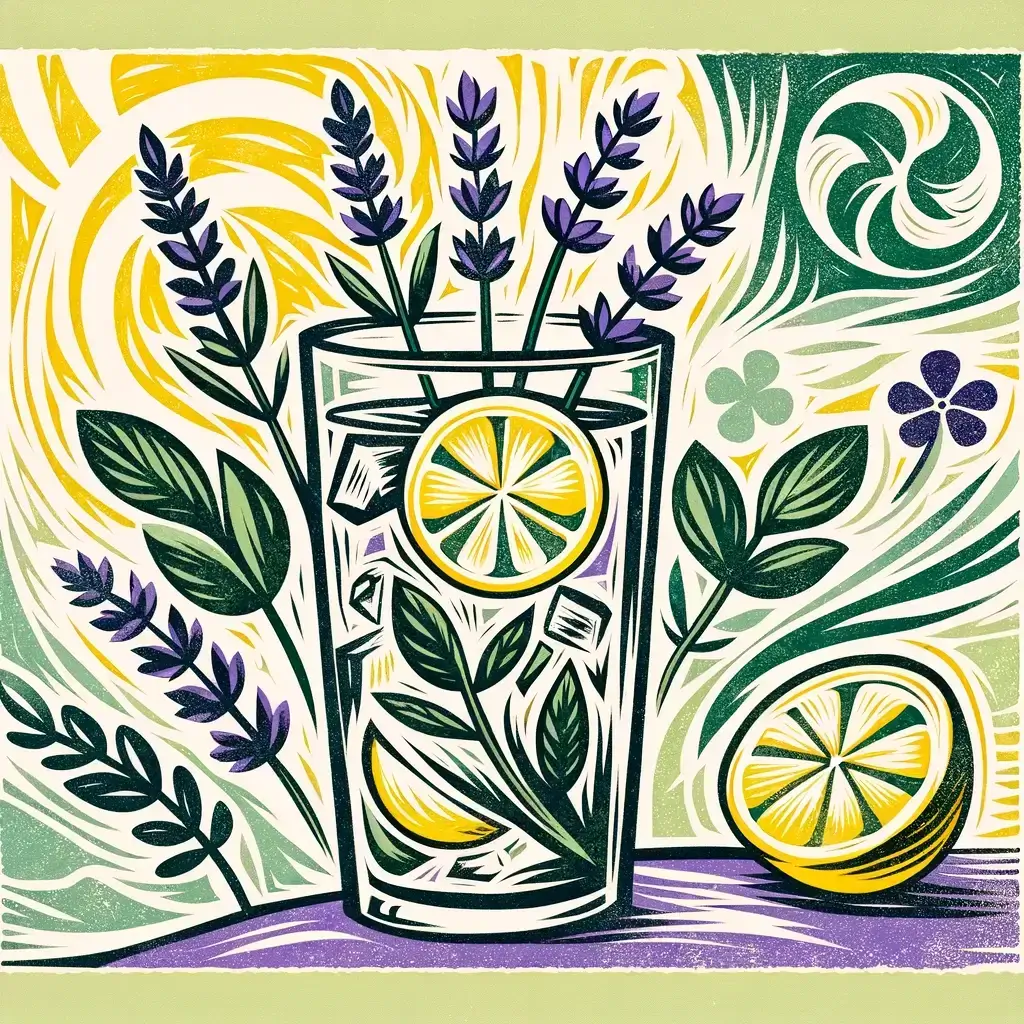 lavendar lemonade linocut style ostara art. lemons i a cup with lavender.