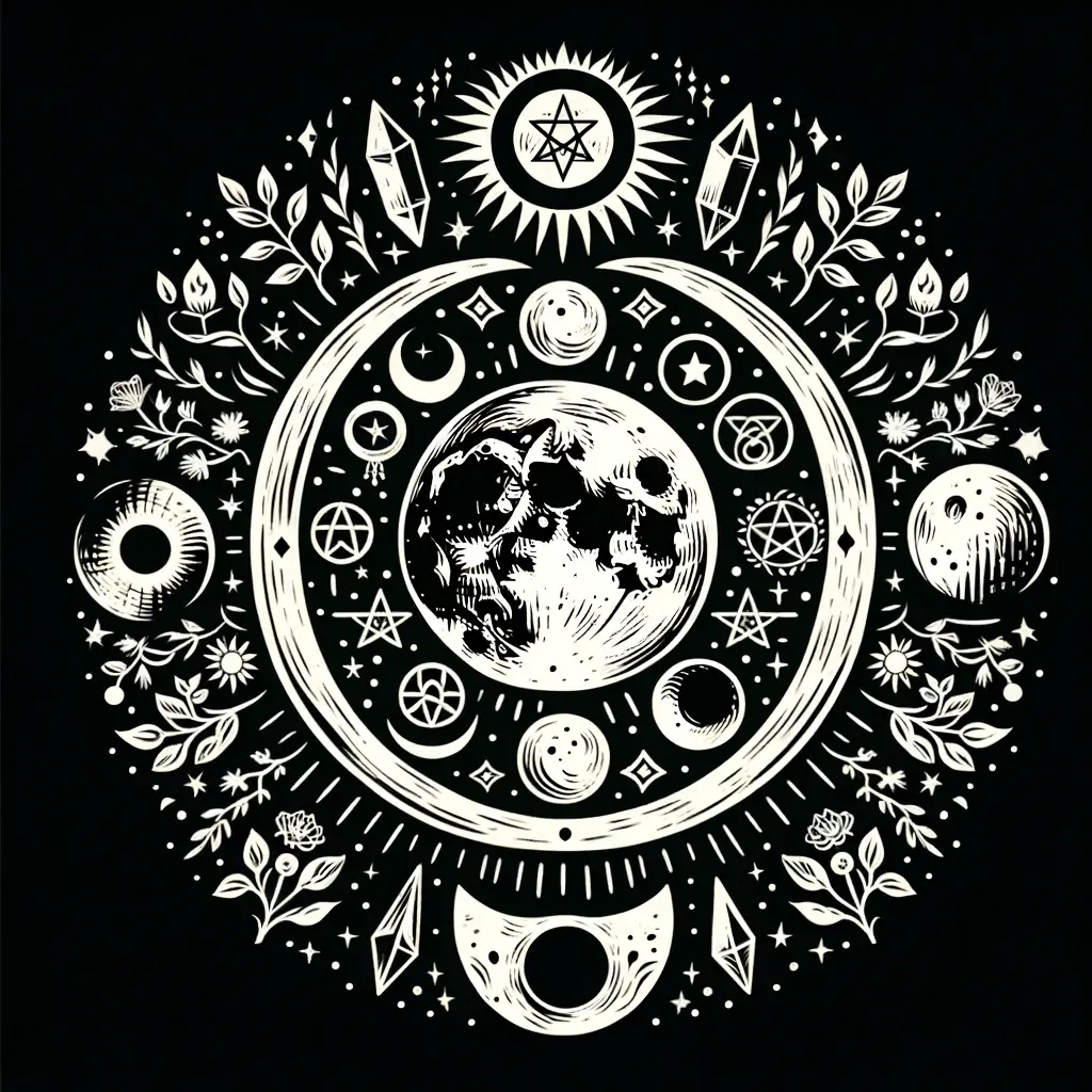 lino cut style digital art of the moon and pagan symbols