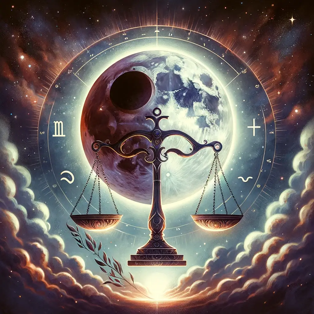libra scales in front of the full moon.