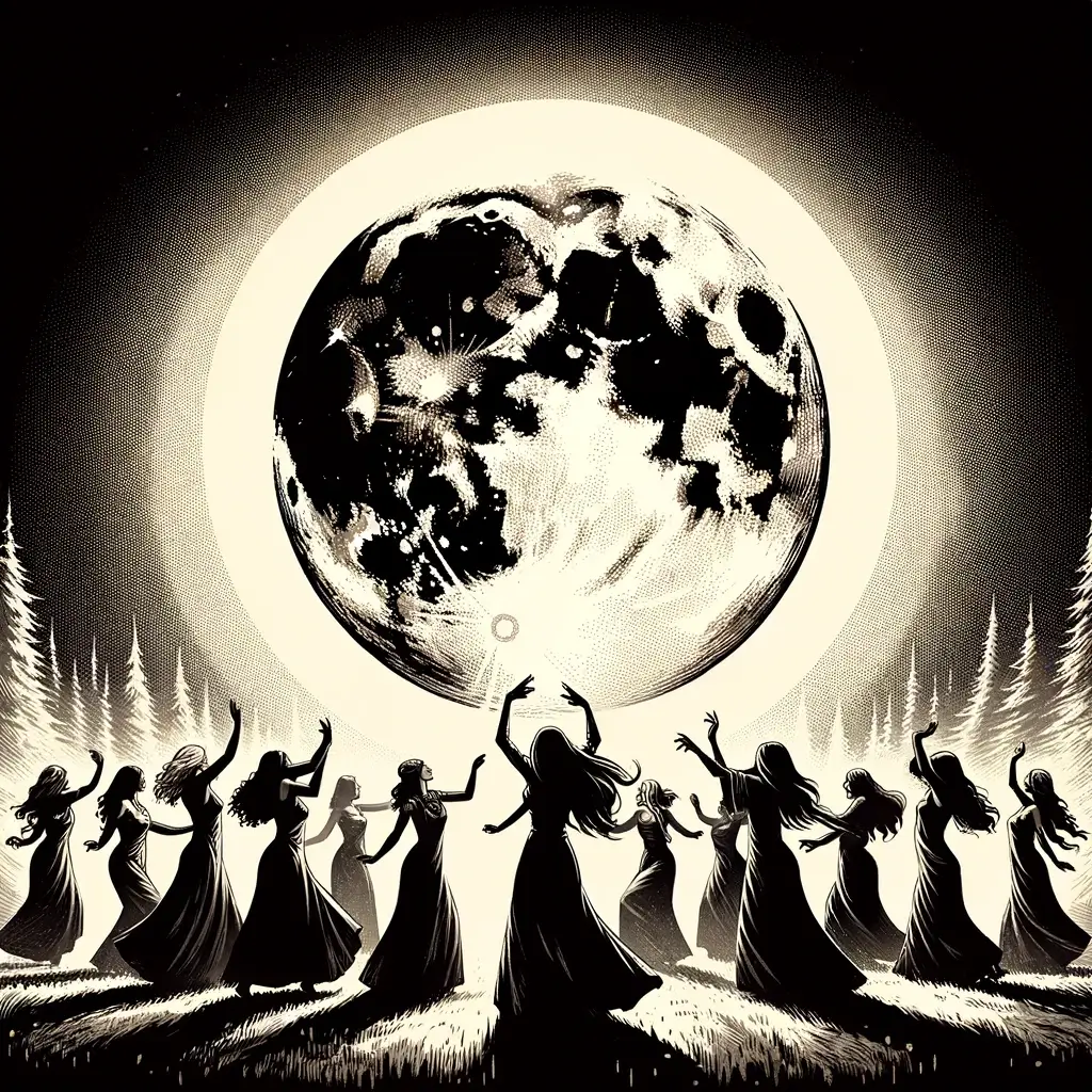 low detail illustration of women dancing in front of a full moon