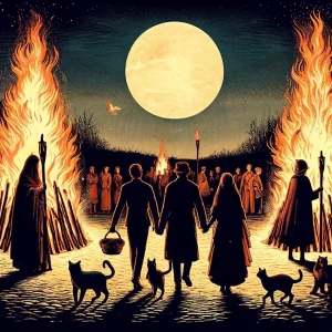 People walking in between the Beltane Bonfire under a full moon.