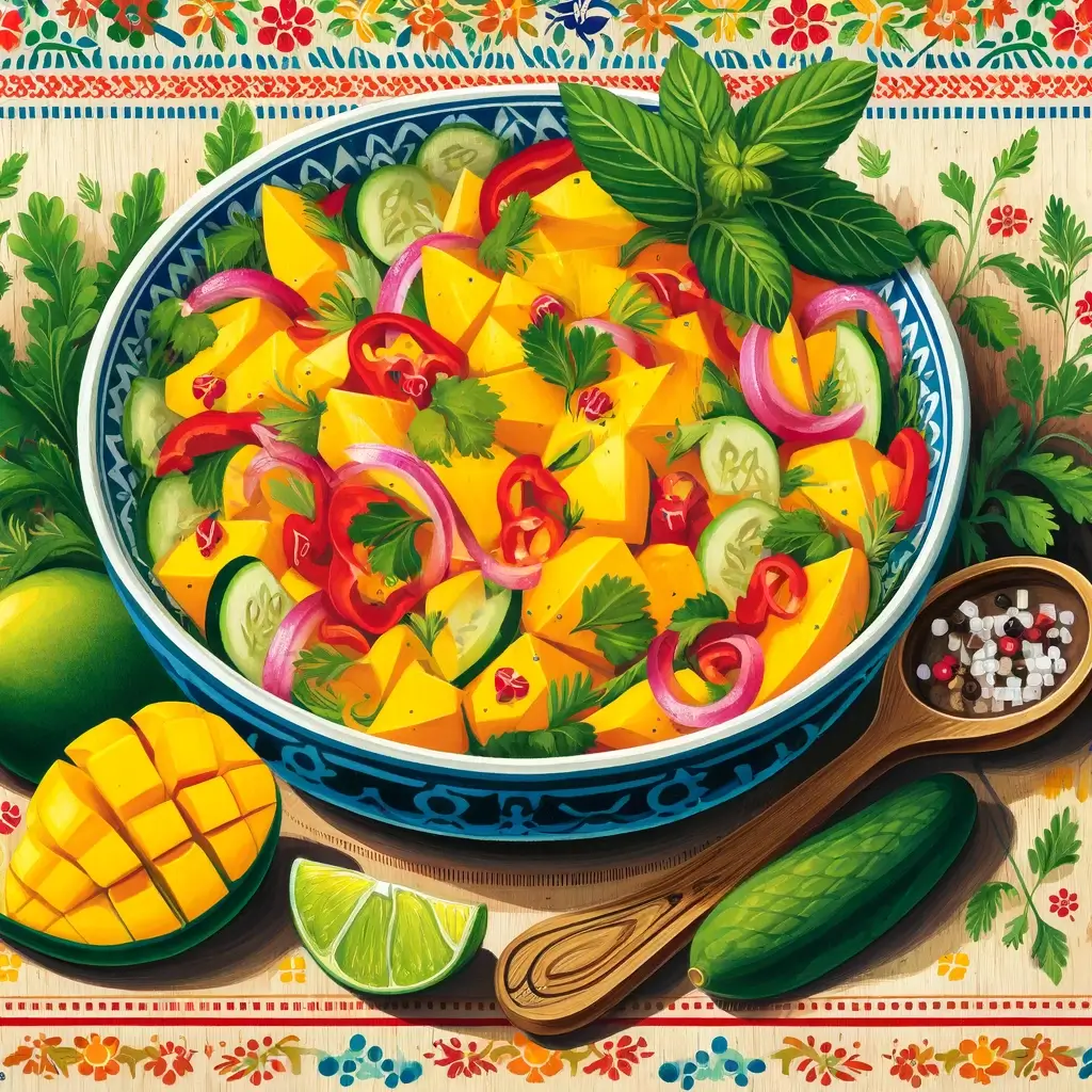 an illustration of a Litha recipe. a mango and lime salad.